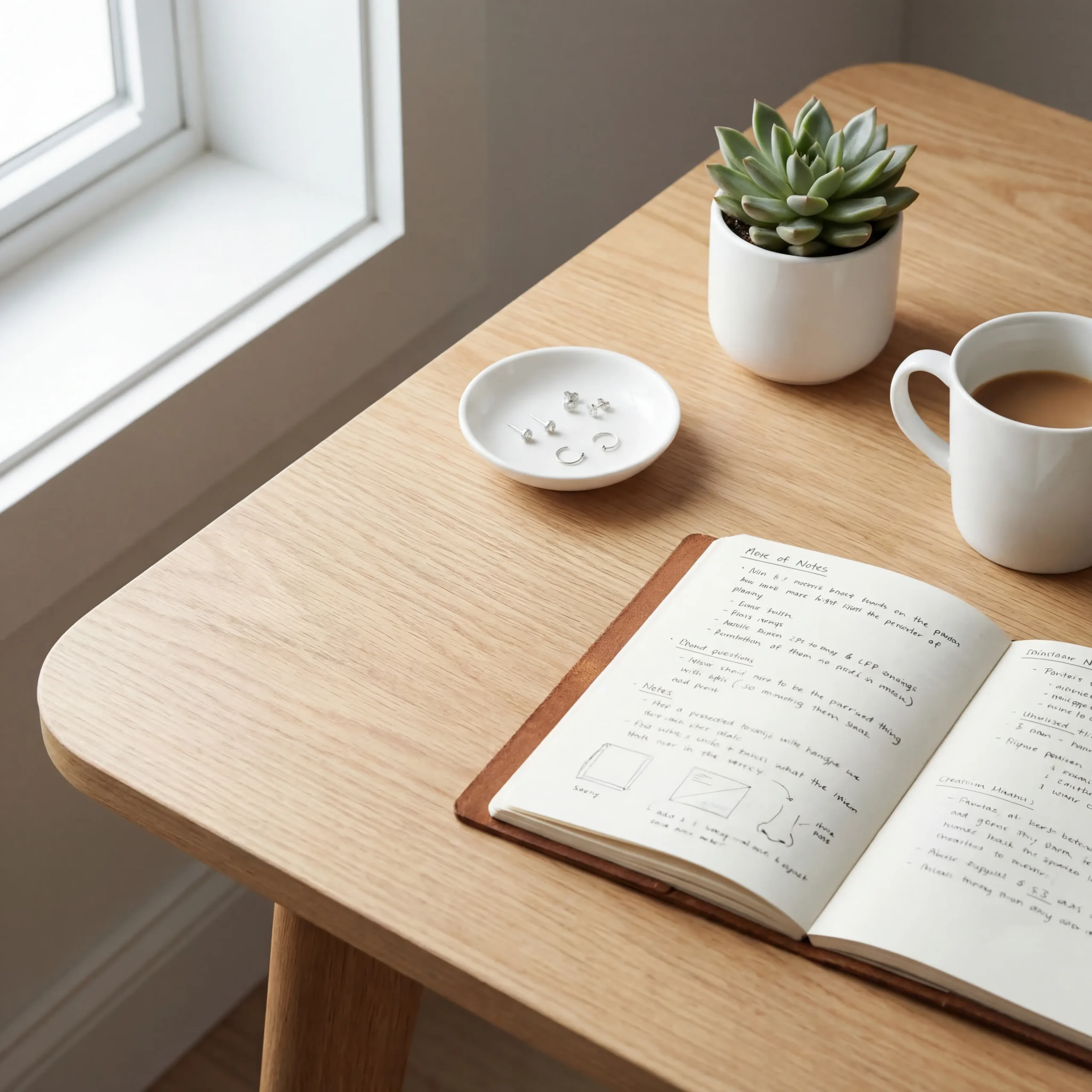 Overhead photo of a desk with notebook, piercing jewelry in a ceramic dish, succulent plant, and coffee mug