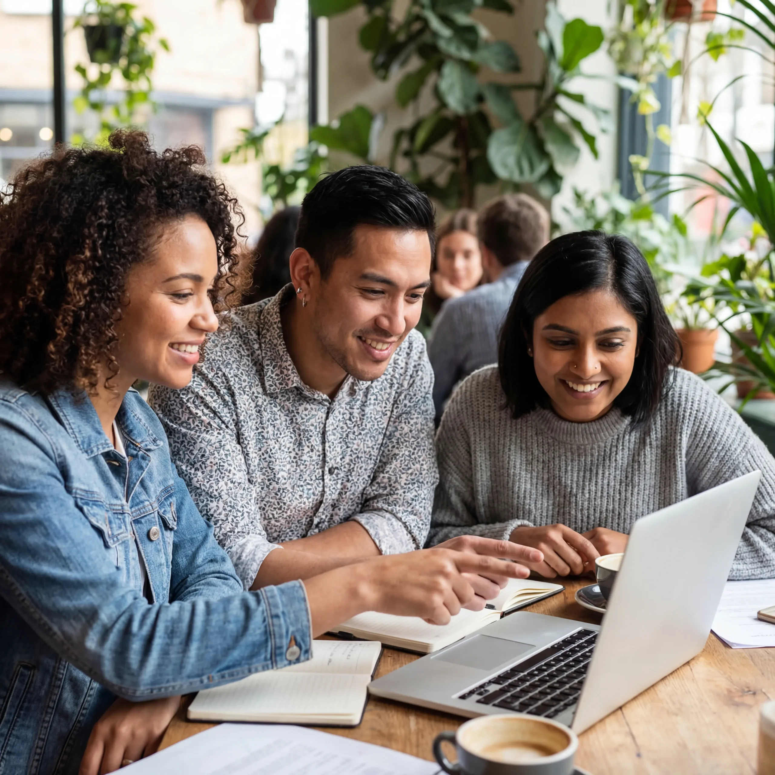 Three team members collaborating at a cafe table with laptop and notebooks, some with visible ear and nose piercings