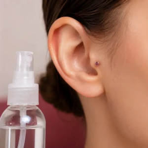 Aftercare & Healing hub hero, a sterile saline spray beside a clean healing ear piercing in soft studio light