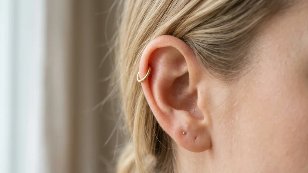 Close-up of a healed cartilage helix piercing on an ear in soft natural light