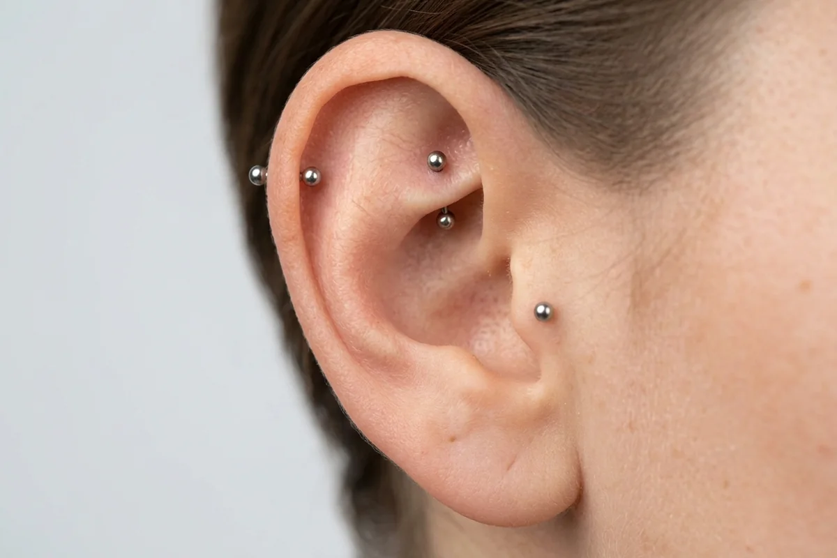 Side view of an upper ear showing helix, forward helix, and flat helix areas