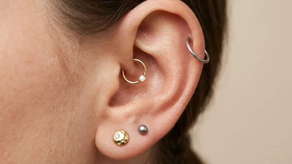 Close-up of a curated ear with lobe, helix, and conch piercings