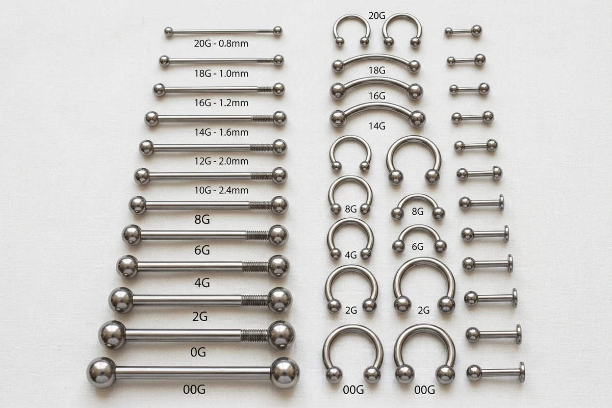 Flat lay of titanium piercing jewelry showing different gauge thicknesses