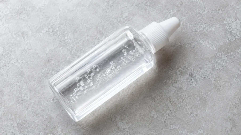 Saline solution for tragus piercings, clean editorial photograph