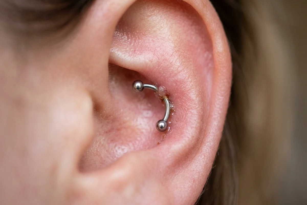 Snug piercing healing time and stages Healing snug piercing with a curved barbell on the antihelix cartilage