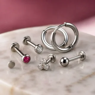 Titanium, polished implant-grade titanium flat-back studs and small hoops