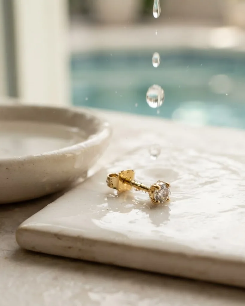Detail view of why water and a fresh piercing do not mix