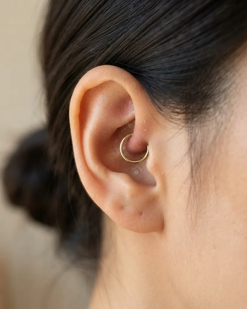 Close-up illustrating what daith jewelry is and where it sits