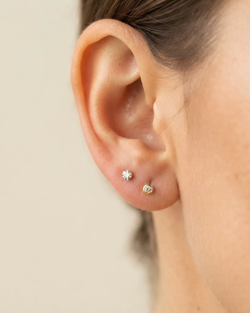 Close-up illustrating what "double pierced lobes" actually means
