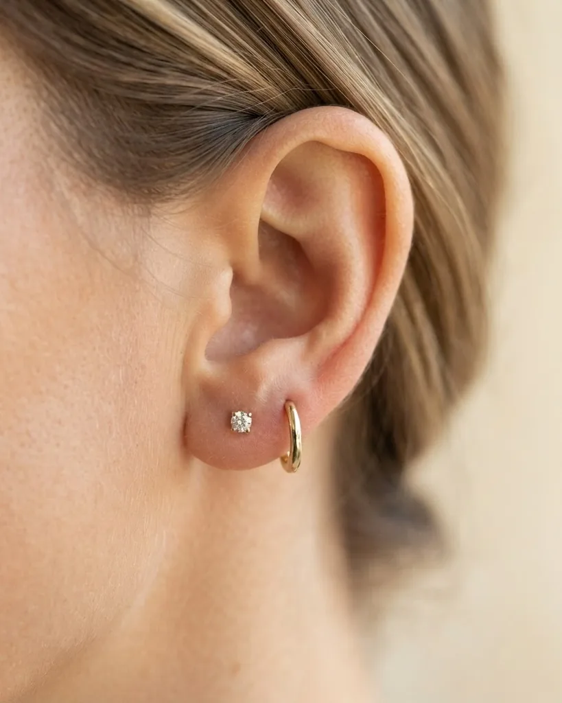Detail view of studs, huggies, or hoops for the second hole