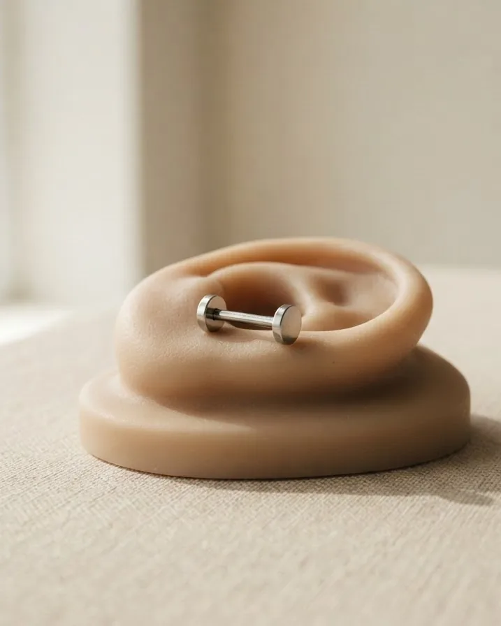 Close-up illustrating what the flat piercing is and where it sits