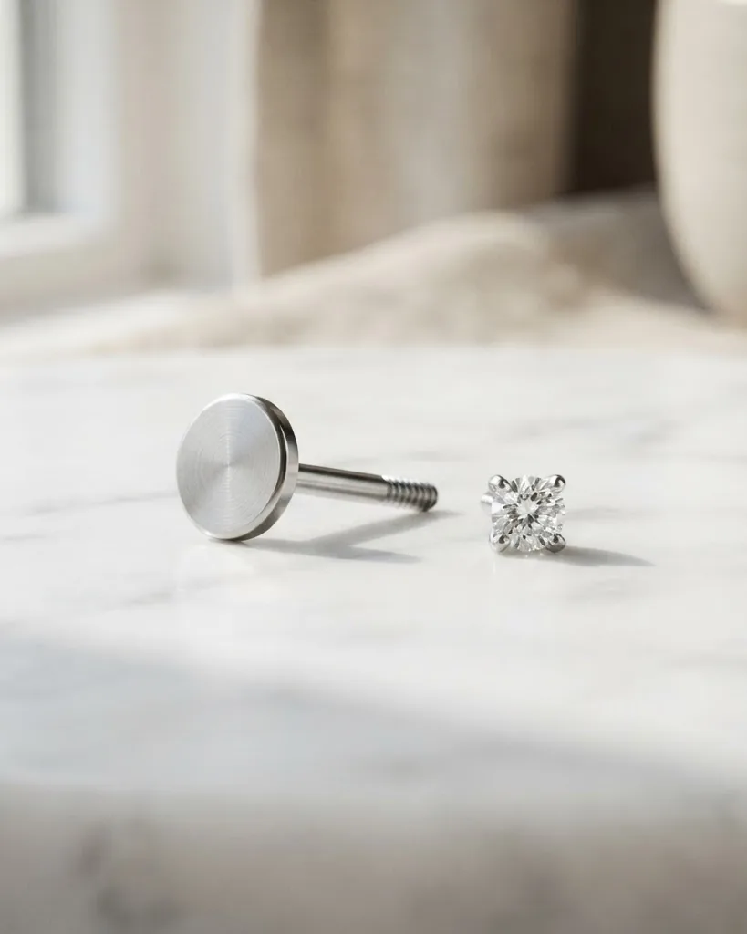 Detail view of why flat piercing jewelry means a flat-back labret