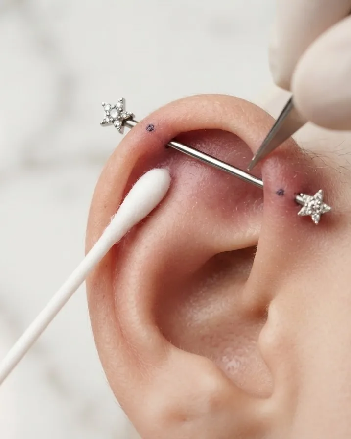 Close-up illustrating what a star industrial piercing actually is