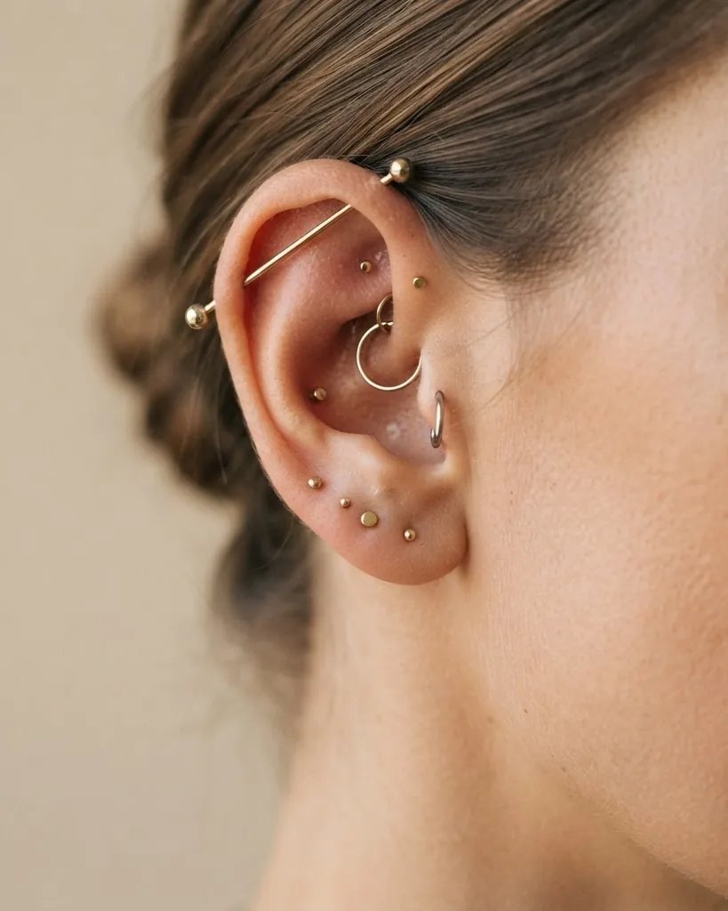 Close-up illustrating every ear piercing placement, named and mapped