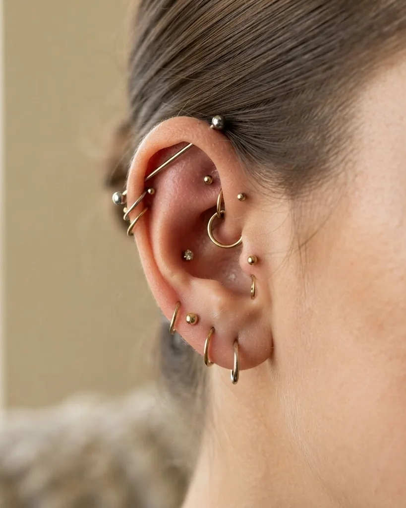 Close-up illustrating every ear piercing placement, named and mapped