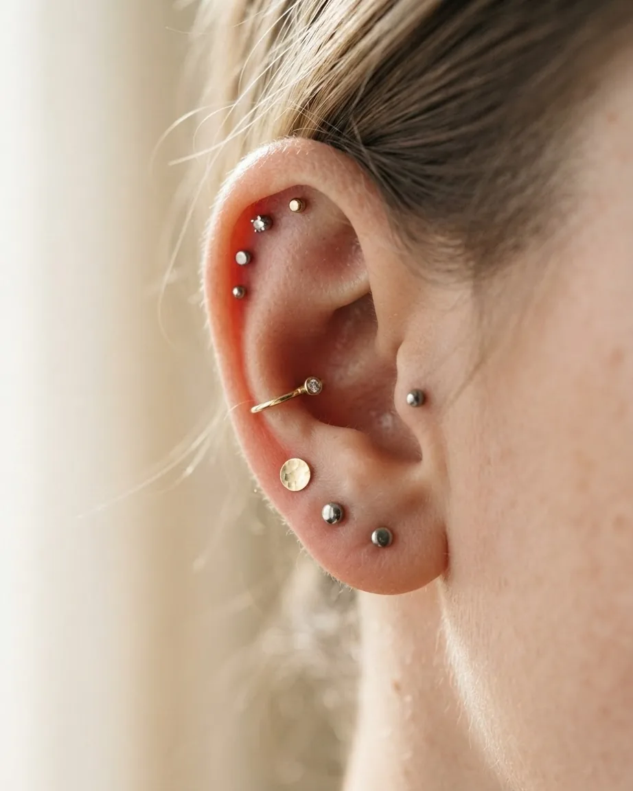 Detail view of how many ear piercings you can safely get in one session