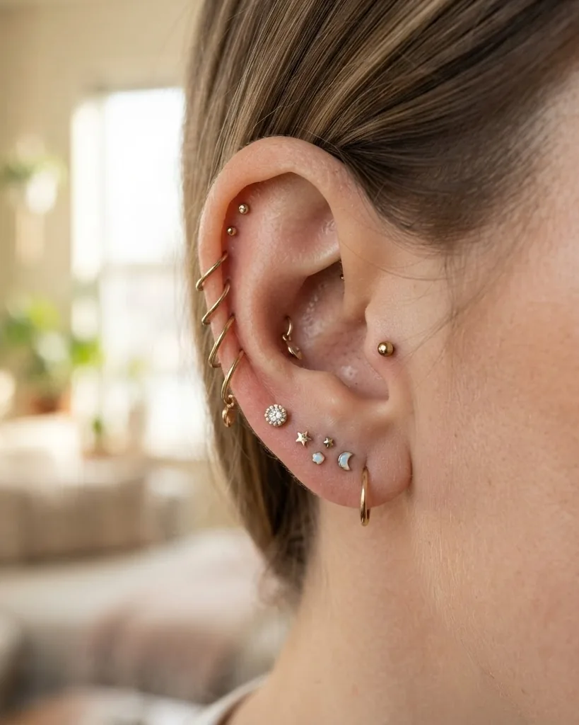 Detail view of how many ear piercings you can safely get in one session