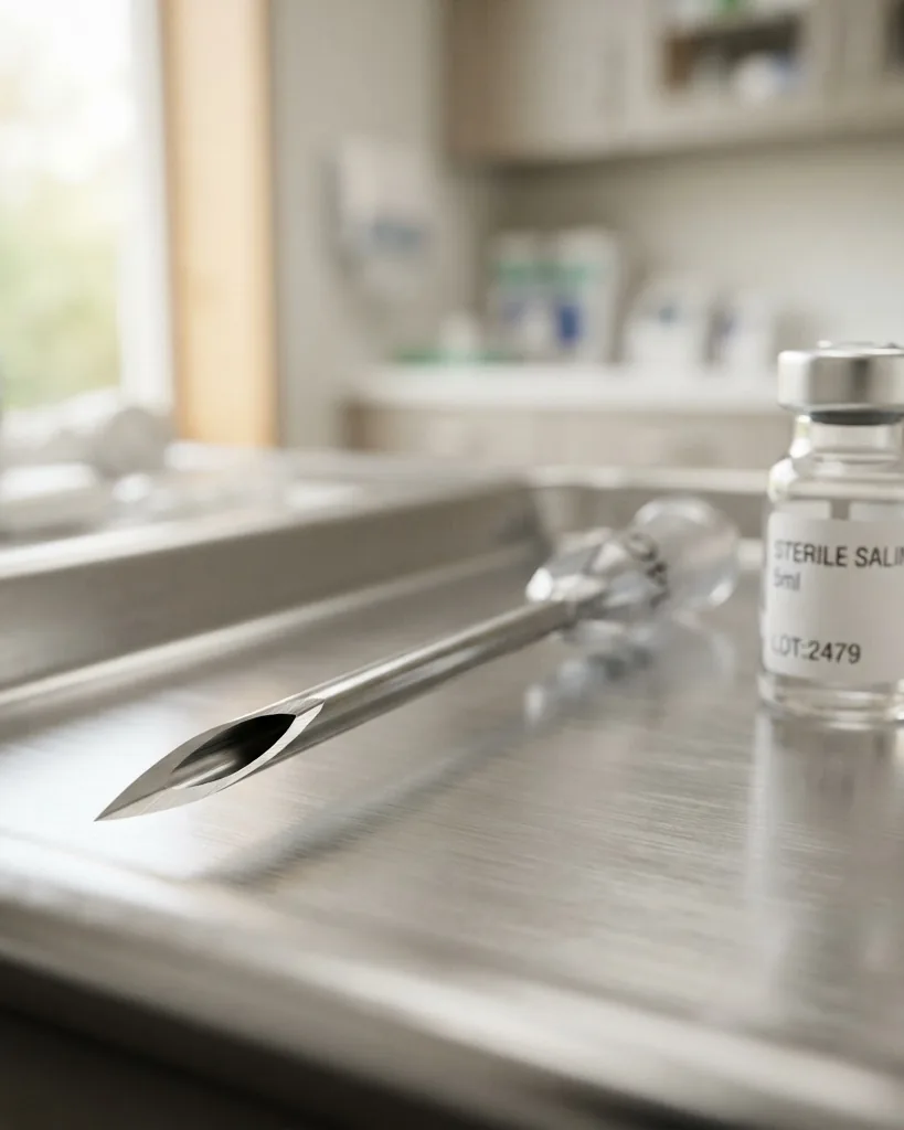 Close-up illustrating why a hollow tri-bevel needle beats a solid stud