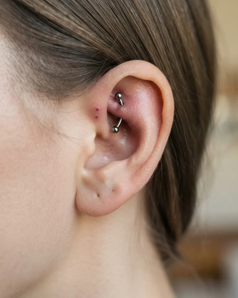 Detail view of why the antihelix ridge dictates a curved barbell, not a ring