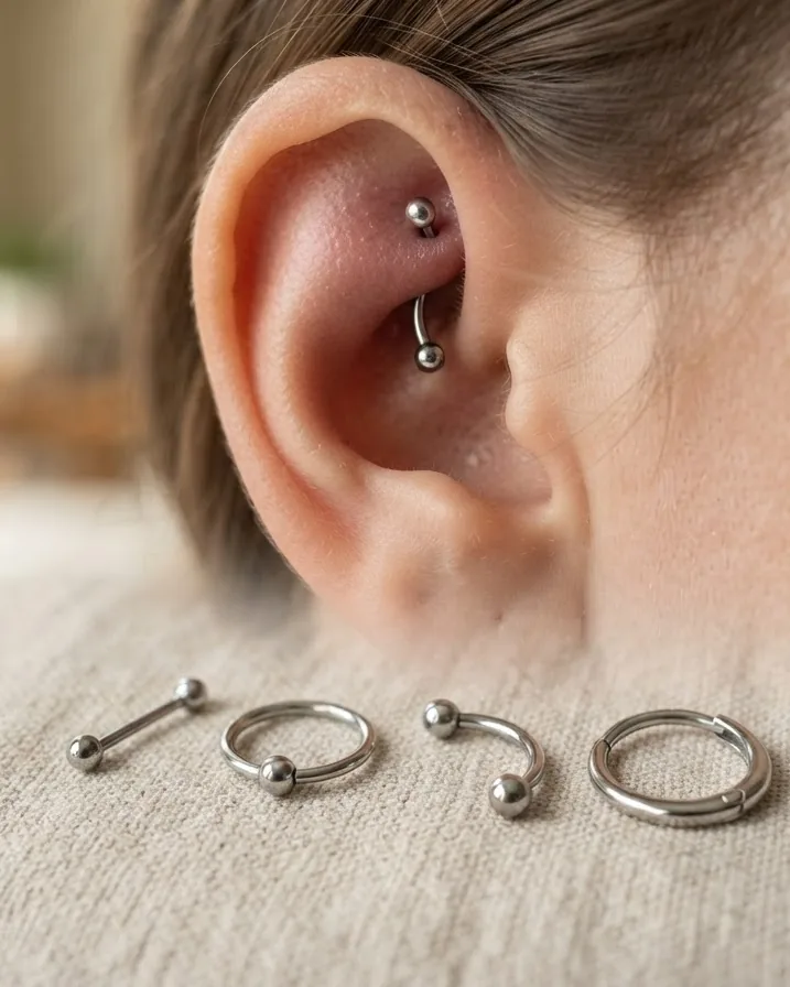 Close-up illustrating what a rook piercing actually is, and why it changes your jewelry choice