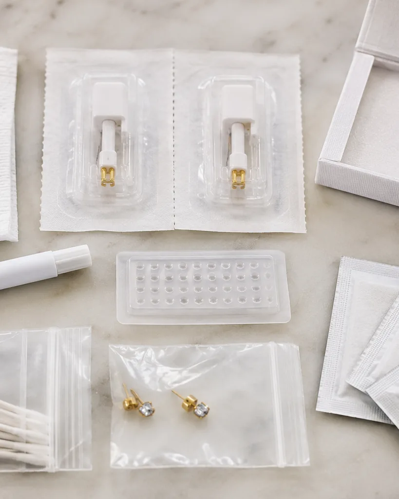 Close-up illustrating what actually comes in an ear piercing starter kit