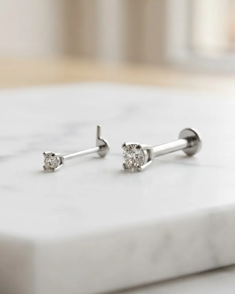 Detail view of the typical gauge for nose piercings: 20G versus 18G