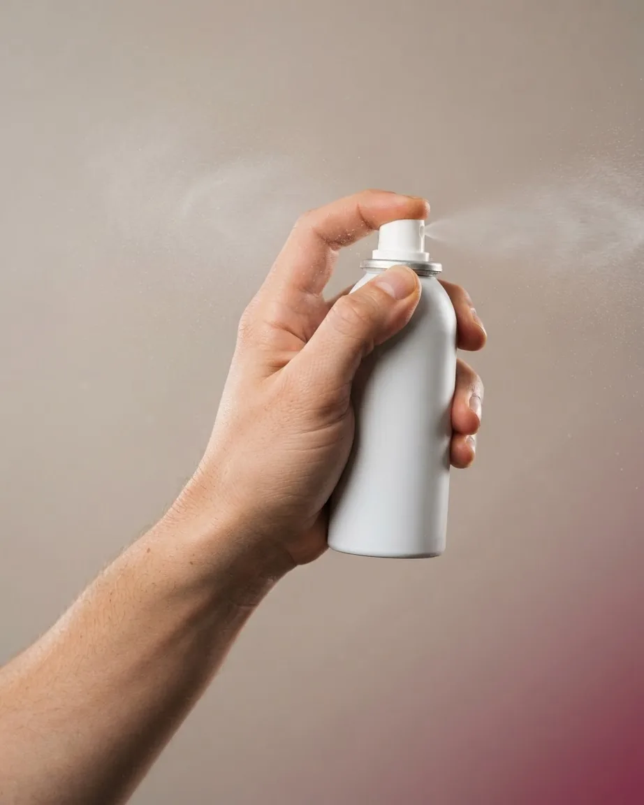 A hand and forearm hold a plain spray canister releasing a fine mist.