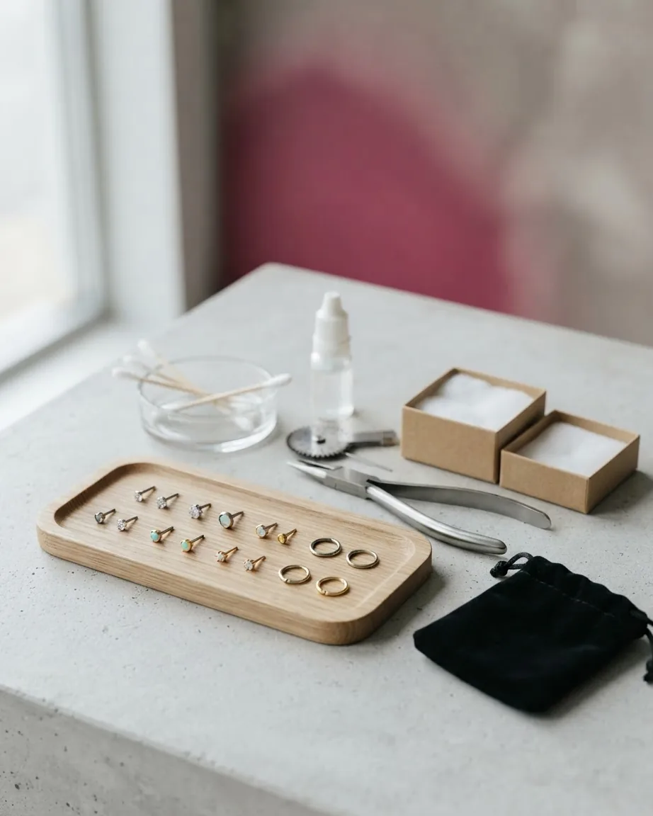 Small nose studs and metal hoops arranged on a wooden tray beside piercing tools, cotton swabs, and cleaning supplies.