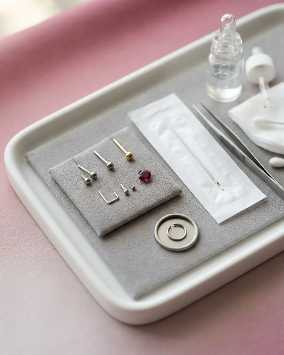 Nose studs, a hoop, a piercing needle, and tweezers arranged on gray pads in a white tray.