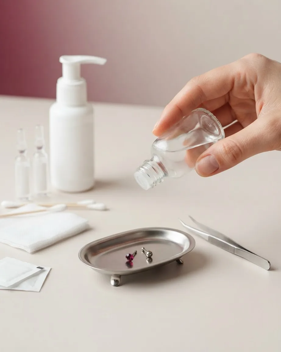 A hand tilts a clear bottle over a metal tray with piercing jewelry, surrounded by cotton swabs and cleaning supplies.