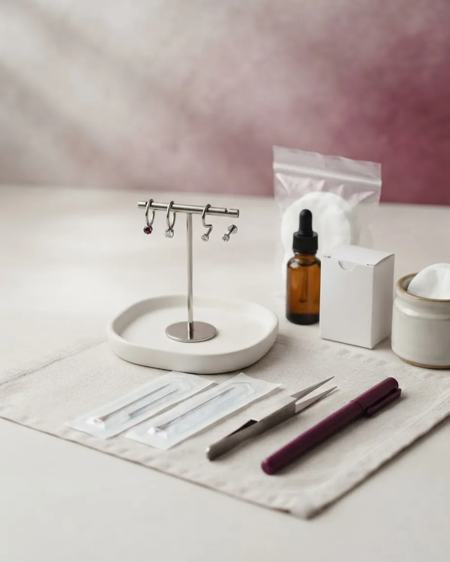 Small silver hoop earrings on a display stand beside sterile tools, a dropper bottle, cotton pads, and a purple pen.