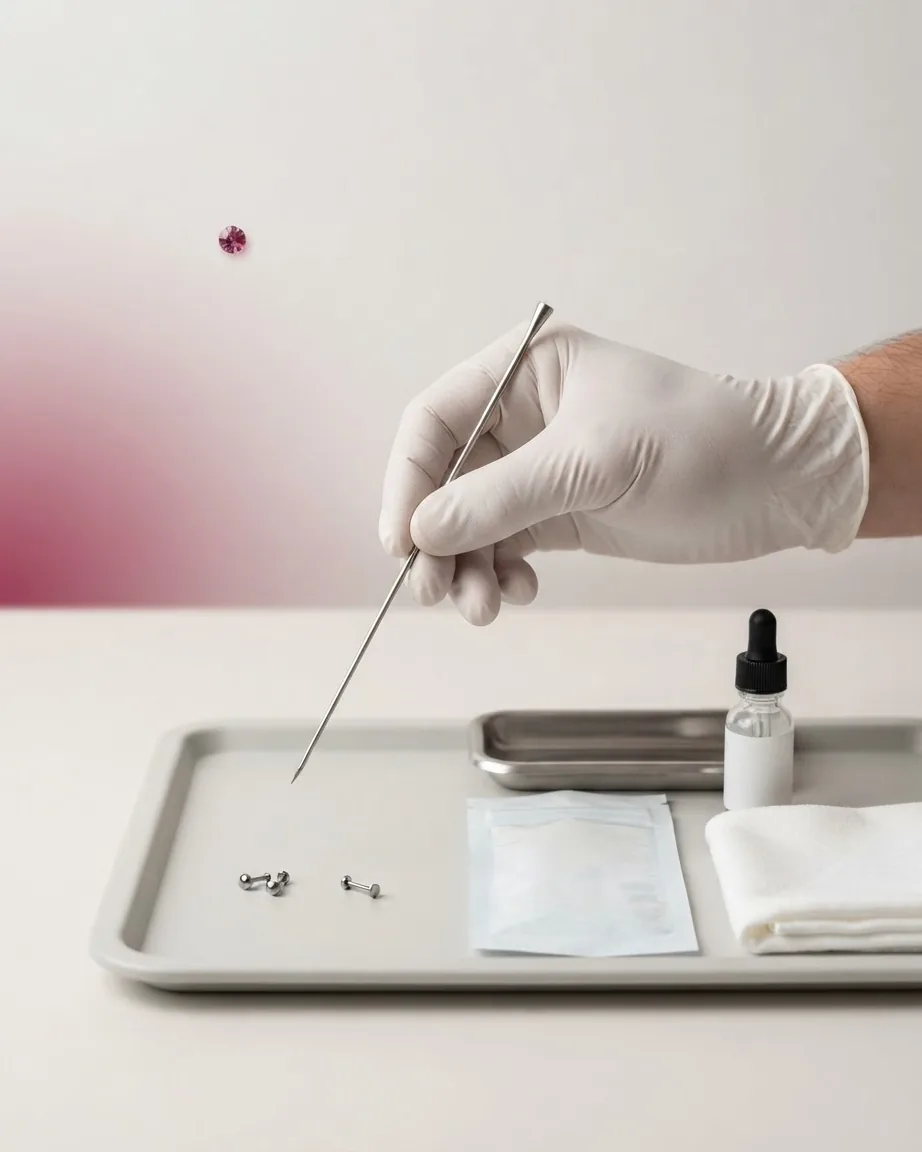 A white-gloved hand holds a long metal piercing needle above a sterile tray with jewelry, gauze, and a dropper bottle.