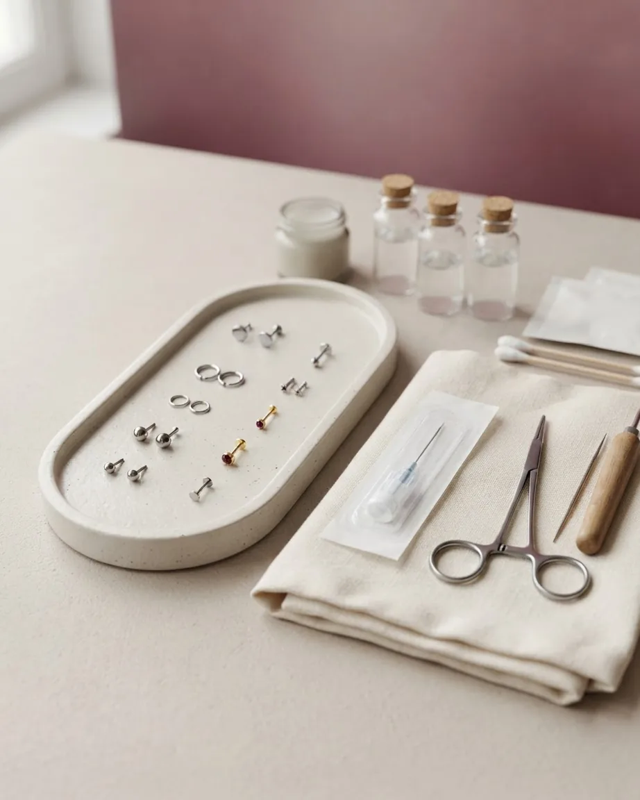 Assorted silver and gold nose studs and hoops on a ceramic tray beside piercing tools and glass bottles.