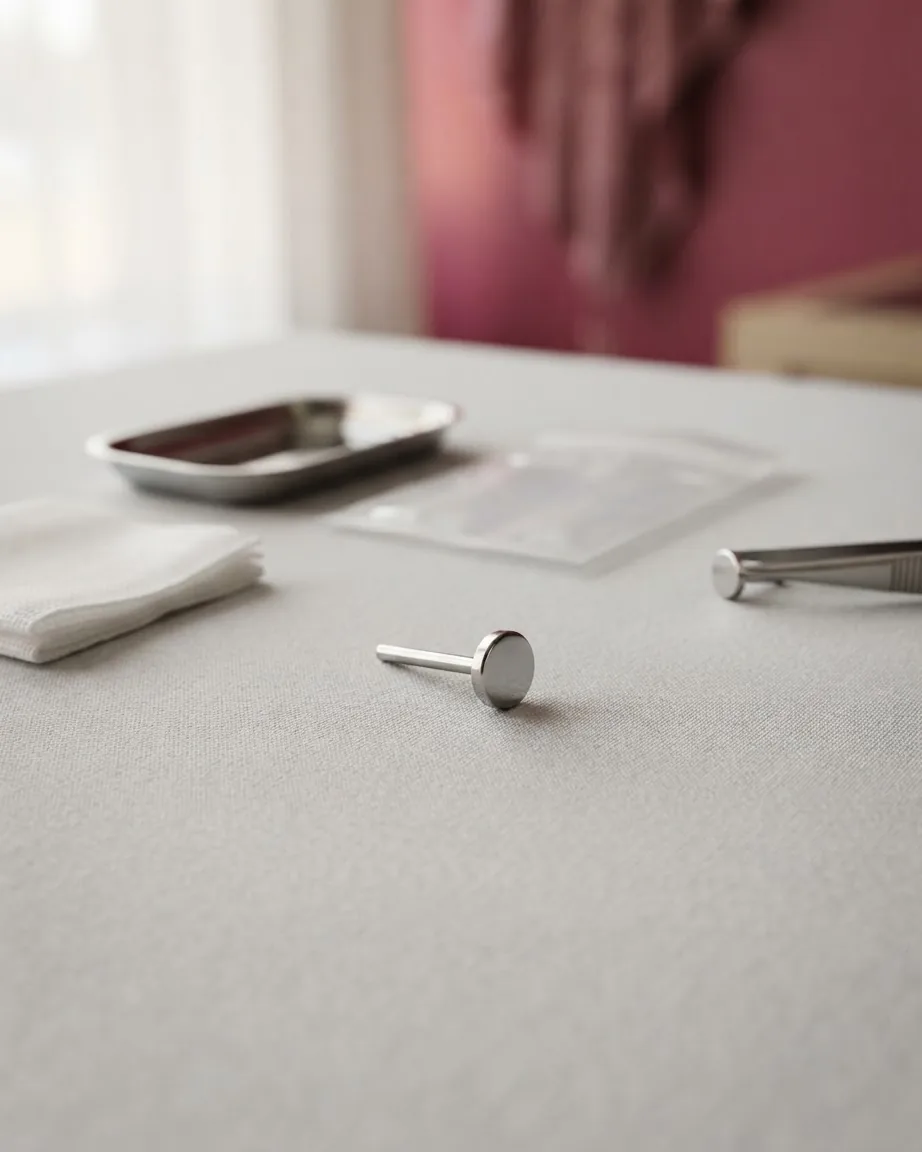 A plain silver flat-back piercing stud rests on a clean white surface beside a metal tray, gauze, and forceps.