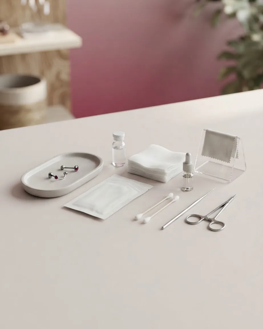 Piercing jewelry on a ceramic tray beside cotton pads, swabs, small bottles, scissors, and metal tools.