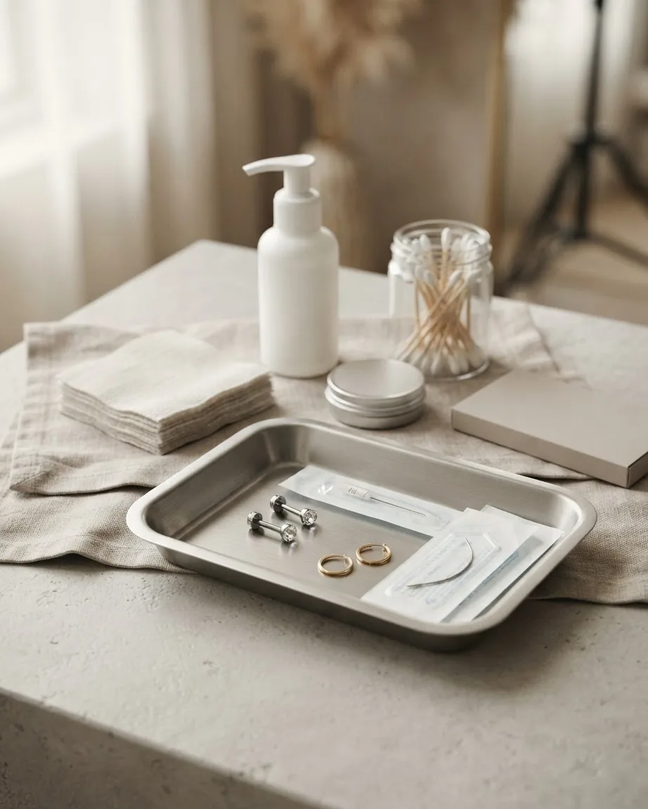 Piercing jewelry and sterile tools arranged in a metal tray beside cotton swabs, wipes, and a pump bottle.
