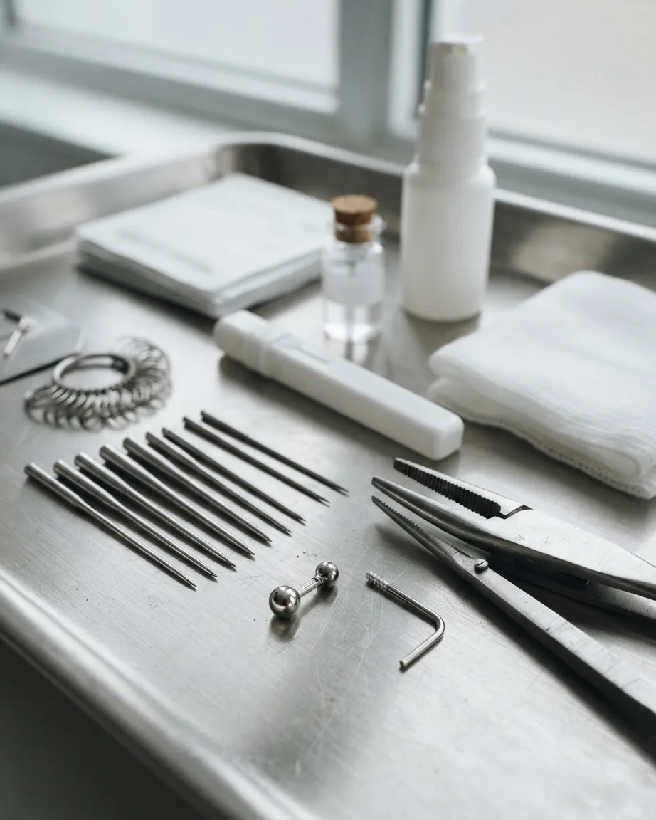 Metal piercing needles, jewelry, forceps, gauze, and cleaning supplies arranged on a stainless steel tray.