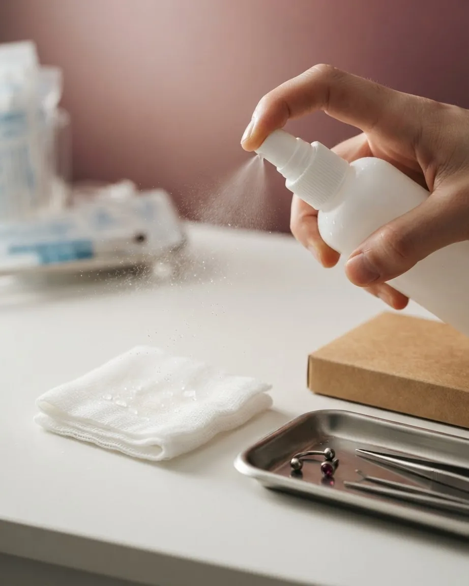 A hand sprays mist from a white bottle onto folded gauze beside a metal tray holding piercing jewelry and tools.