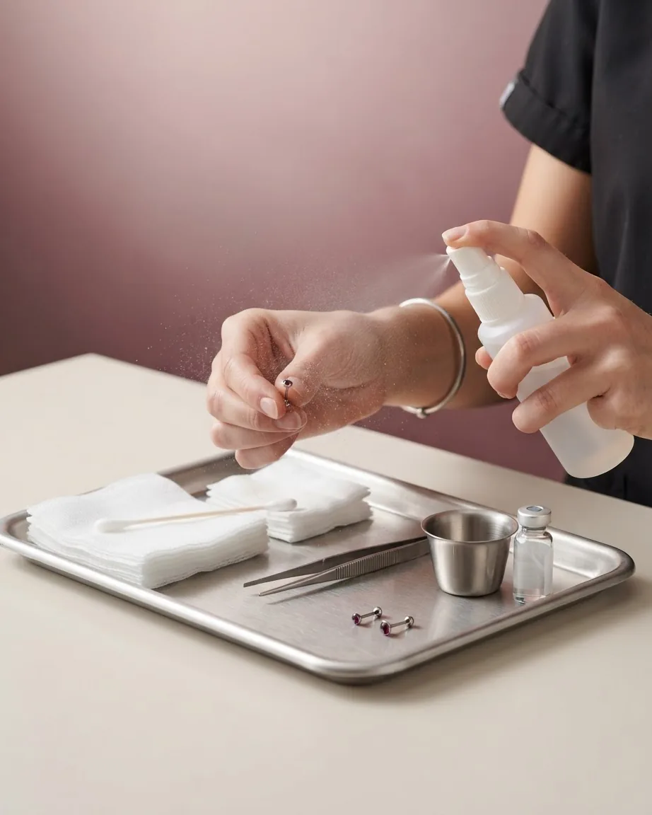 Hands spray saline onto a small piercing jewelry piece above a tray of gauze, tweezers, and cleaning supplies.