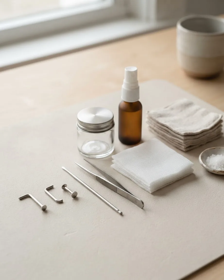 Small metal nose piercing jewelry, tweezers, gauze pads, a spray bottle, and a glass jar arranged on a beige tabletop.