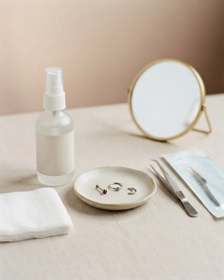 Silver piercing jewelry on a ceramic dish beside a spray bottle, cotton pads, tweezers, and a tabletop mirror.
