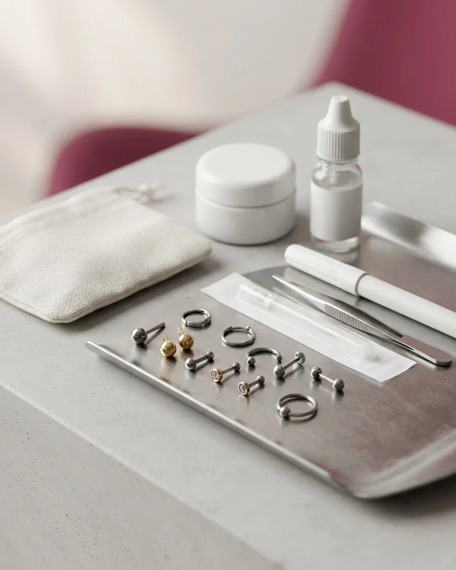 Assorted silver and gold piercing jewelry arranged on a metal tray beside tweezers, a dropper bottle and a white jar.