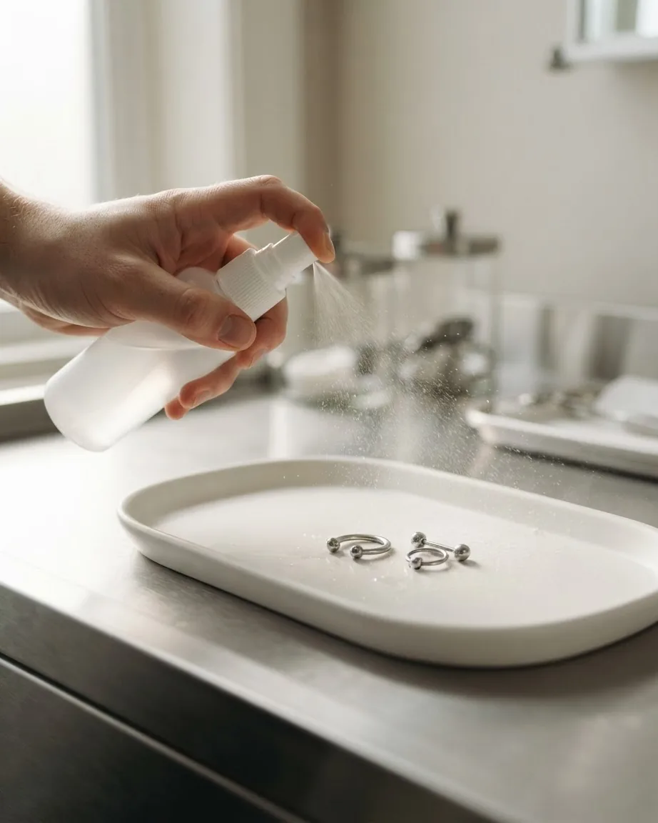 A hand sprays mist from a white bottle toward silver septum jewelry on a clean tray.