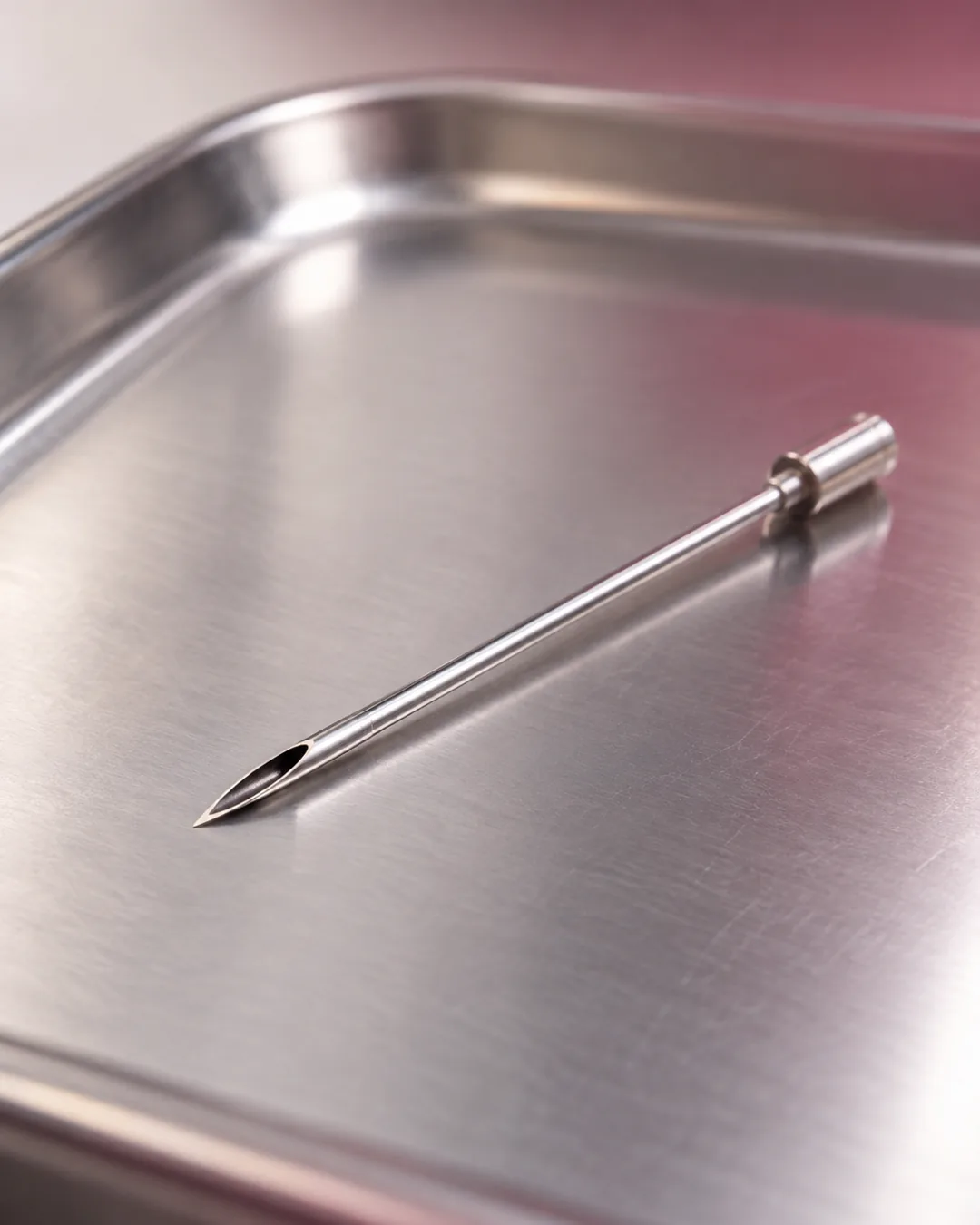 A long, hollow stainless steel piercing needle lies diagonally on a clean, reflective metal tray.