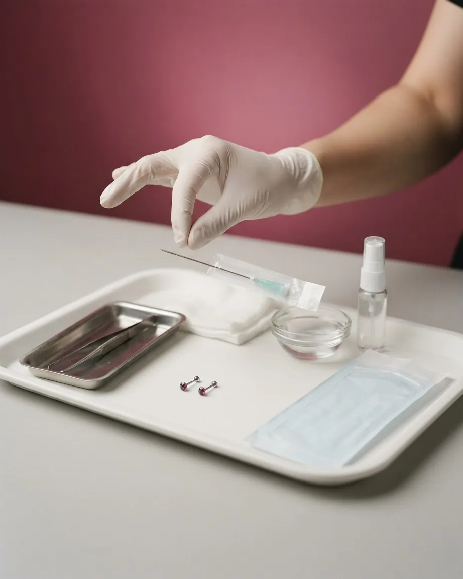 A gloved hand makes a pinching gesture above a piercing needle, jewelry, forceps, and supplies on a white tray.