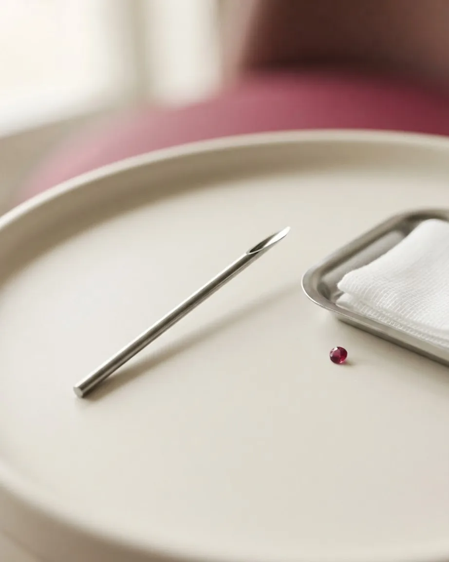 A silver piercing needle lies diagonally on a cream tray beside a small red gemstone and a gauze-lined metal dish.
