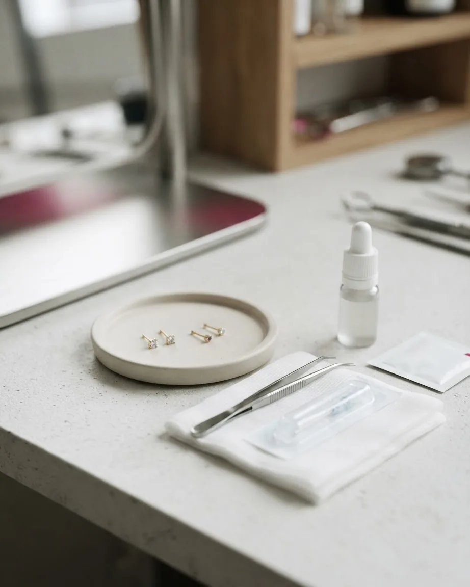 Four gold stud earrings on a ceramic tray beside piercing tweezers, a dropper bottle, and sterile supplies.