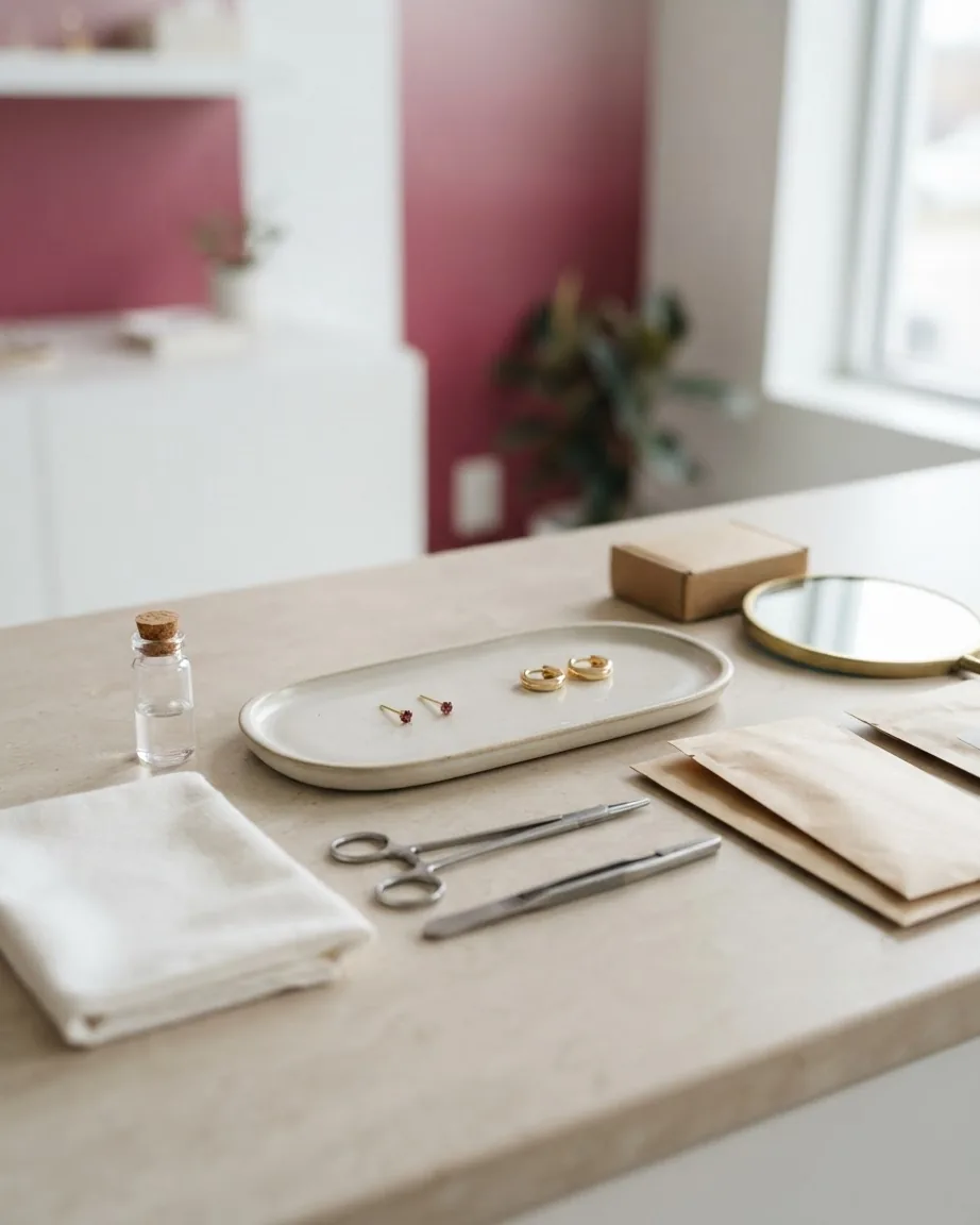 Gold hoop earrings and small studs on a ceramic tray beside piercing tools, a glass bottle, and folded cloth.