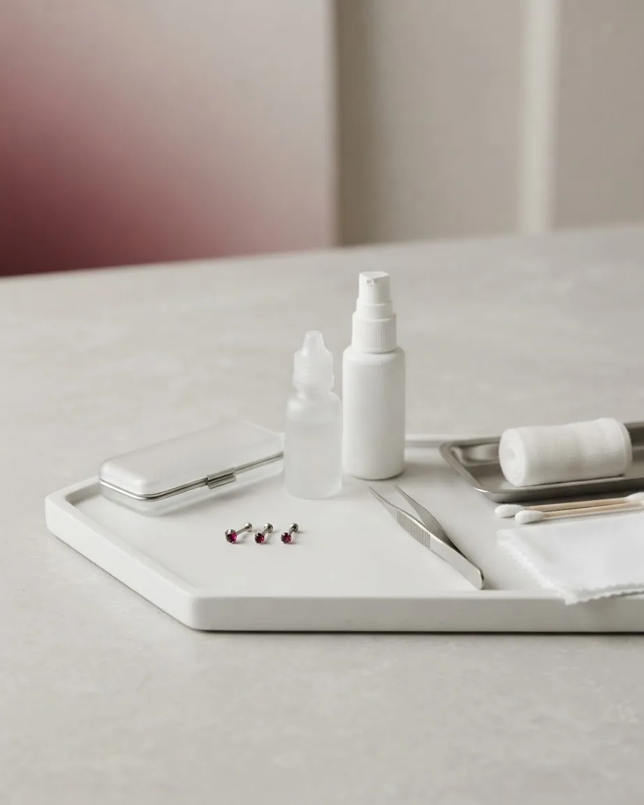 Piercing jewelry with pink gemstones arranged on a white tray alongside tweezers, bottles, gauze, and cotton swabs.