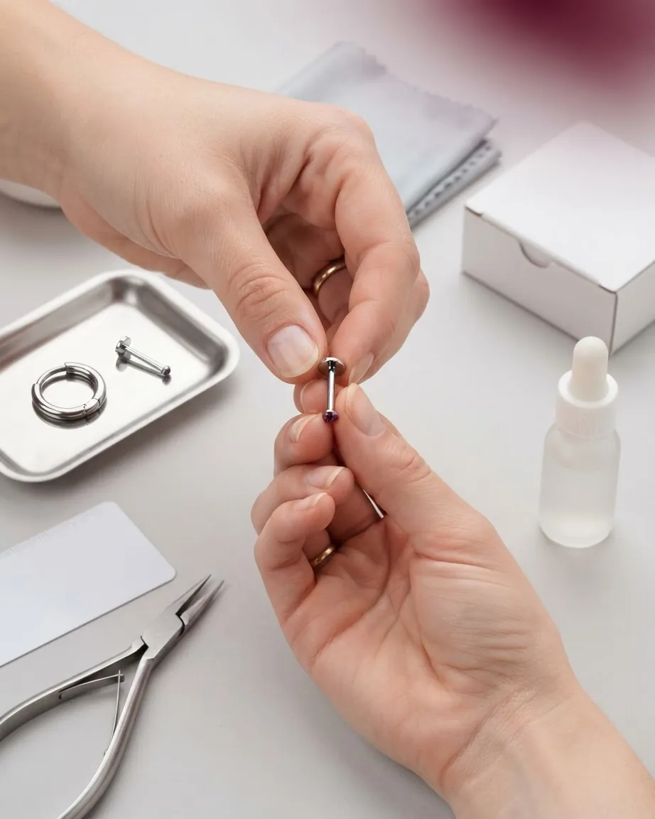 Hands hold a silver flat-back piercing post with a purple gem above a tray of jewelry and piercing tools.